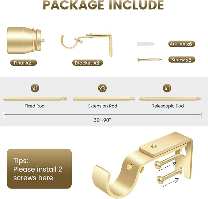 1” Diameter Gold Curtain Rods Itself is 30 to 90 inch, 1 Pack Fit 30-84 inch - Image 2