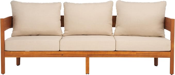 SAFAVIEH Outdoor Collection Theo Natural Teak Solid Wood/Taupe Cushion 3-Seater - Image 11