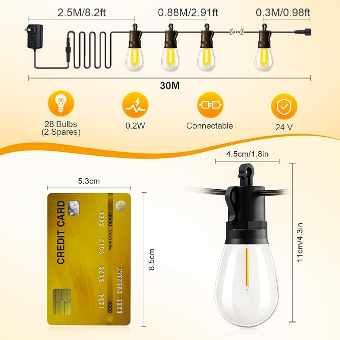 Outdoor String Lights Patio LED Light Outside - 30M 28+2 S14 LED - Image 2