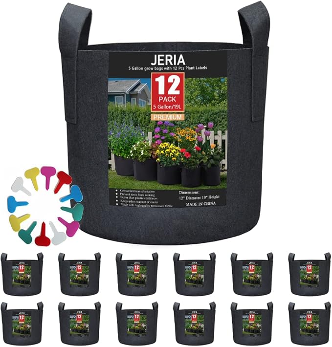 JERIA 12-Pack 5 Gallon Grow Bags, 300G Thickened Nonwoven Garden Pots, Heavy by JERIA