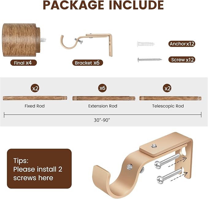 1” Diameter Curtain Rods Itself is 30 to 90 inch 2 Pack Fit 30-84 inch Window - Image 2