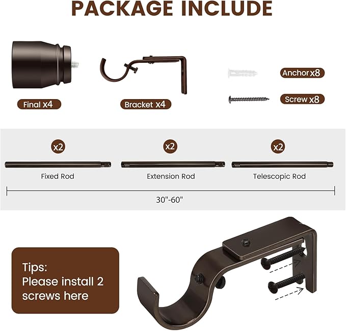2 PACK 1” Diameter brown curtain rod Itself is 30 to 60 inch. 1 Pack Fits 30-54 - Image 2
