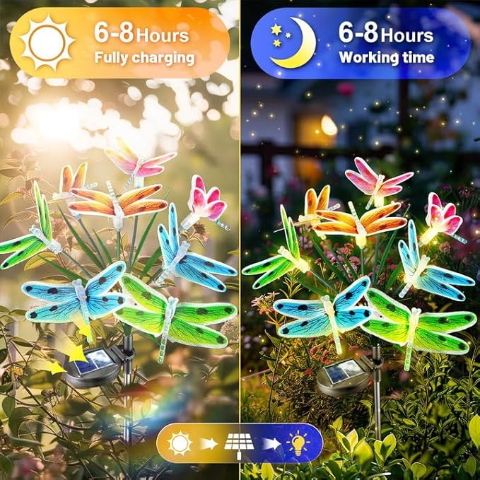 Anordsem Solar Garden Lights Outdoor: 8 Removable Optical Fiber Dragonflies 2 - Image 3