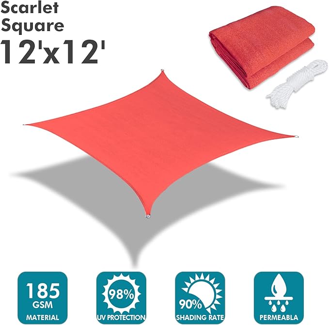 KANAGAWA Sun Shade Sail 12'x12' Scarlet Square UV Block Canopy Awning Shelter - Image 2