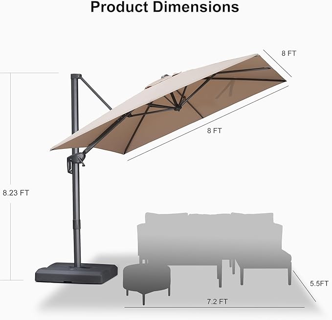 PURPLE LEAF Patio Umbrella 8' X 8' Rectangle Cantilever Umbrella Large Aluminum - Image 9