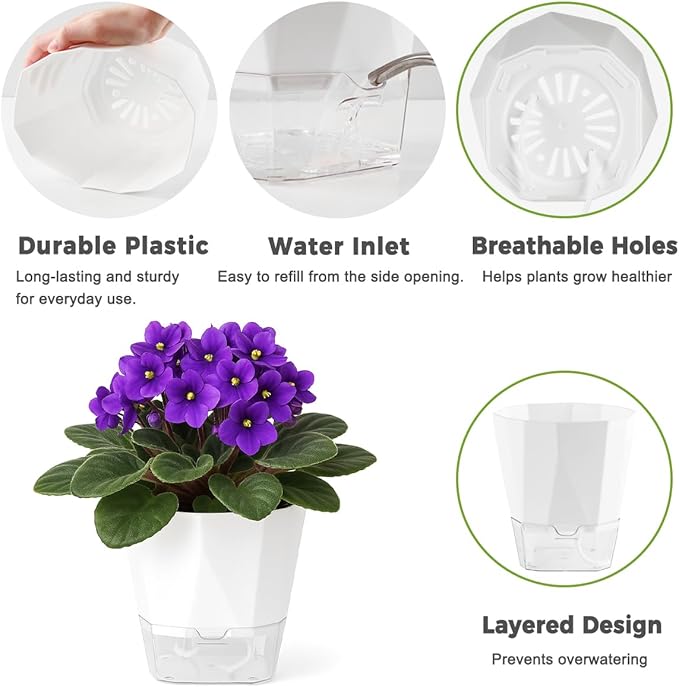 6 Pack Self Watering Pots for Indoor Plants, 5 Inches Self Watering Planters - Image 3