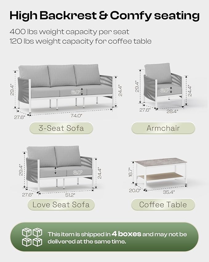 Aluminum Outdoor Patio Couch, 3 Seats HDPE Rope Patio Sofa - Image 2