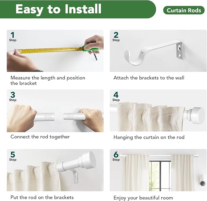 Curtain Rods for Windows 72 to 144, 1 Inch Adjustable White Extra Long Heavy - Image 9