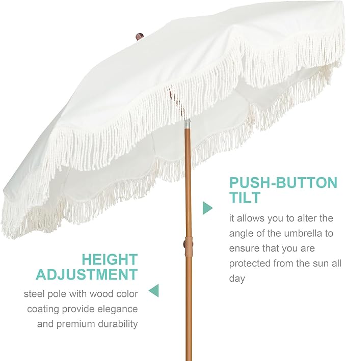 AMMSUN Boho Fringe Umbrella Outdoor Patio, 6.5ft UPF50+ Picnic Umbrella - Image 2