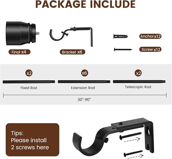 1” Diameter Matte Black Curtain Rod Itself is 30-90 Inch 2 Pack, Fit 30 to 84 - Image 2
