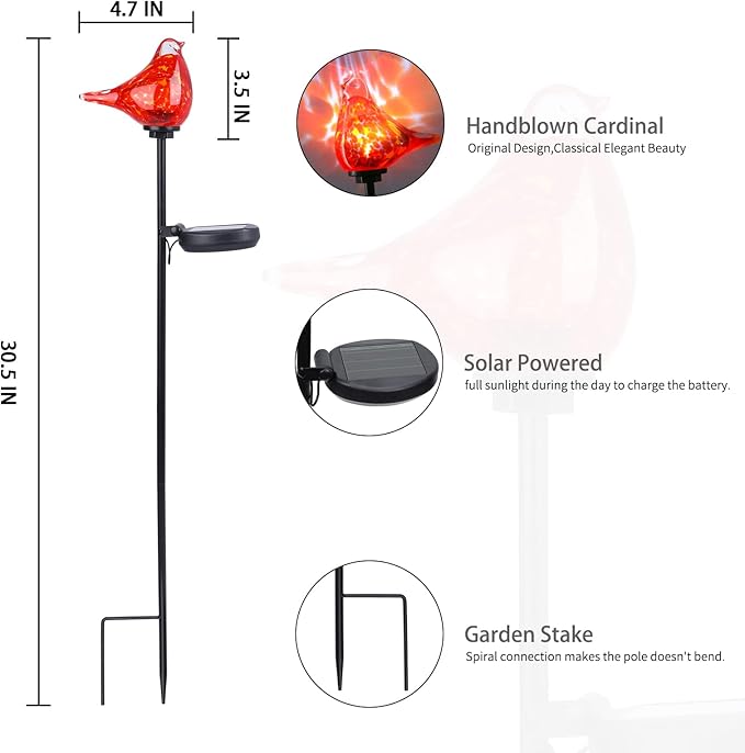 Bshine Solar Garden Decoration Outdoor Cardinal Lights, Hand Blown Glass - Image 2