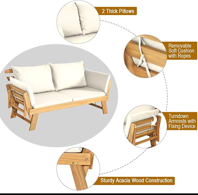 Tangkula Convertible Acacia Wood Patio Couch Sofa Bed - Image 7