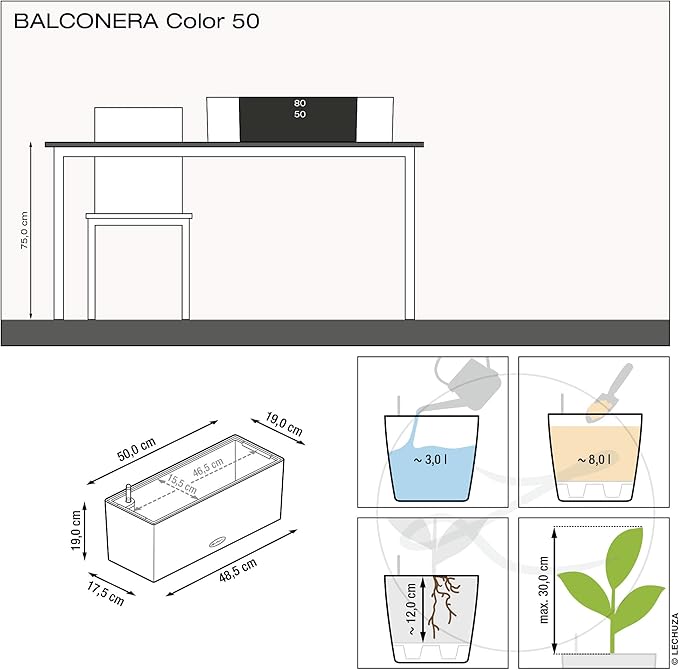 Lechuza BALCONERA Color 50 Slate, Self-Watering Window Box, H7.5 L19.7 W7.5 in - Image 4