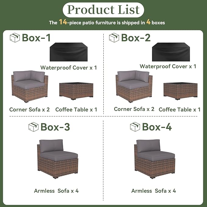 Aoxun 14 Piece Patio Furniture Set Wicker Rattan Patio Conversation Set Outdoor - Image 5