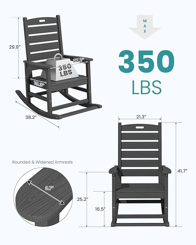 SERWALL Outdoor Rocking Chair Set of 4, Oversized HDPE Patio Rocking Chair - Image 3