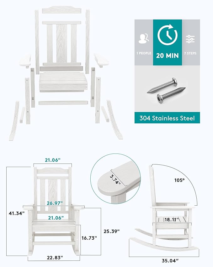 SERWALL Outdoor Rocking Chair White Set of 8, All Weather Patio Rocking Chair - Image 4