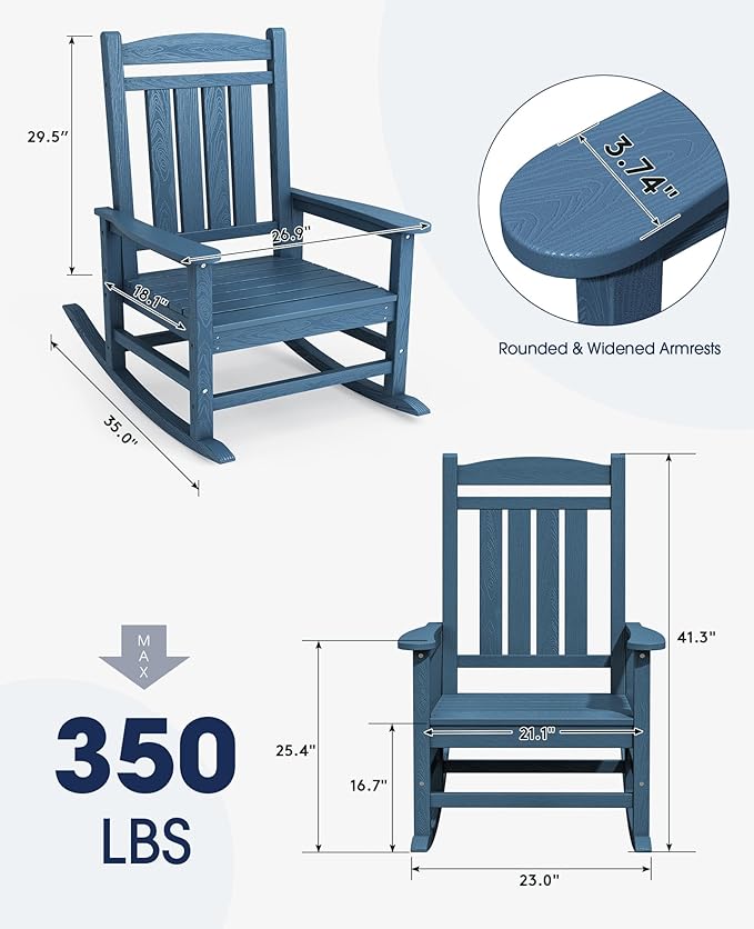 KINGYES HDPE Outdoor Rocking Chair, Widened Seat Patio Rocking Chair, Oversized - Image 3