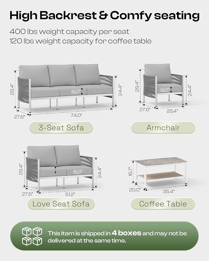 Aluminum Outdoor Patio Couch, 3 Seats HDPE Rope Patio Sofa - Image 2