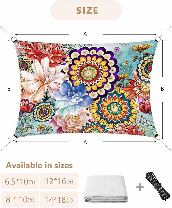 Sun Shade Sail 12'x16' Boho Floral Rectangle Sun Shade Sails Canopy Waterproof - Image 6