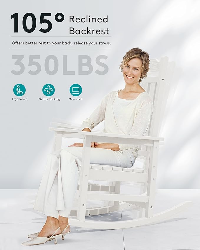 SERWALL Outdoor Rocking Chair White Set of 8, All Weather Patio Rocking Chair - Image 6