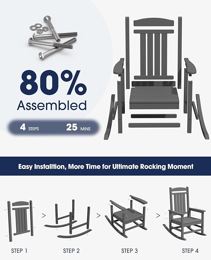 KINGYES Oversized Outdoor Rocking Chair Set of 4, High Density Polyethylene - Image 8