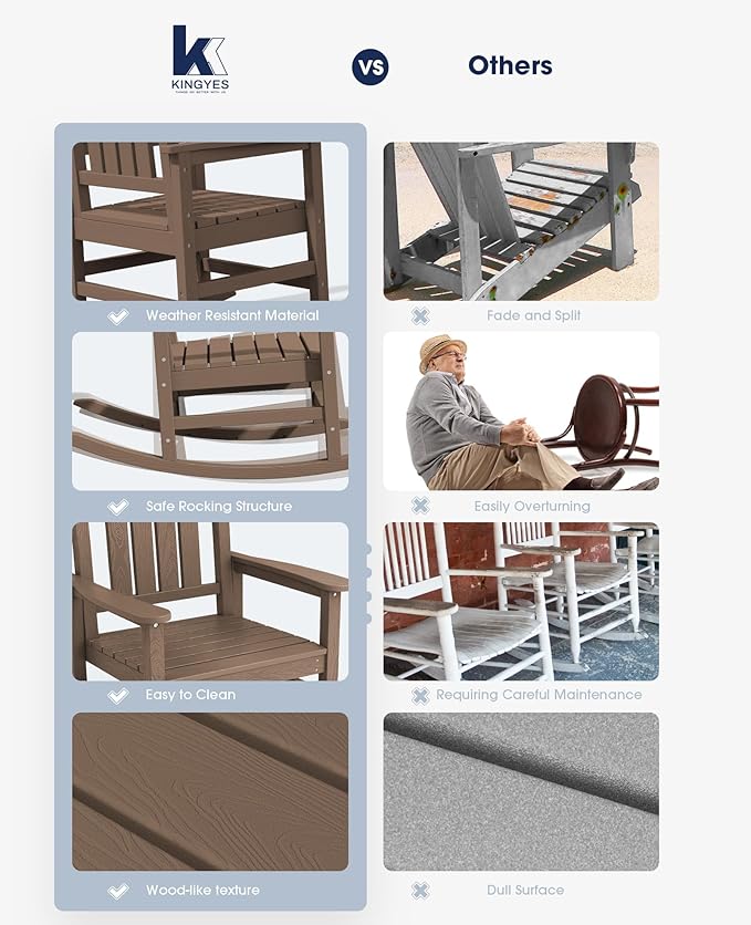 KINGYES HDPE Outdoor Rocking Chair Set of 2, Widened Seat Patio Rocking Chair - Image 6