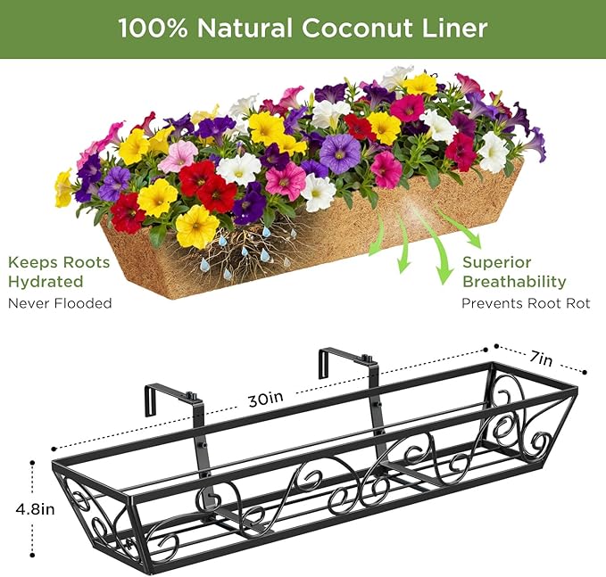 Y&M 30 Inch Window Deck with Coco Liner, Fence Metal Hanging Flower Planter - Image 3