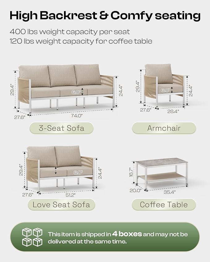 Aluminum Outdoor Patio Couch, 3 Seats HDPE Rope Patio Sofa - Image 2