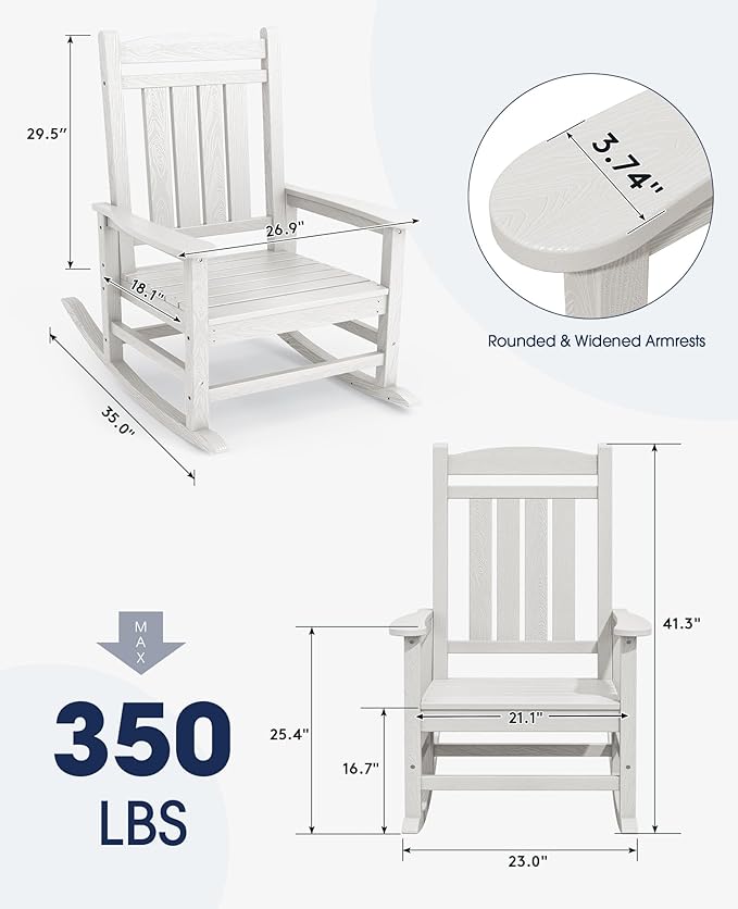 KINGYES HDPE Outdoor Rocking Chair, Widened Seat Patio Rocking Chair, Oversized - Image 3