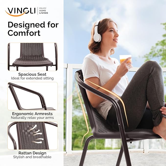 VINGLI PE Rattan Outdoor Dining Chairs Set of 1, Plastic Stackable Patio Chairs - Image 5