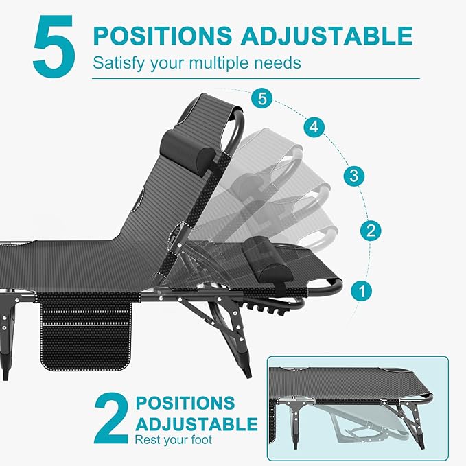 ABORON 2PK Chaise Lounge Chair, 5 Positions Padded Outdoor Tanning Chair - Image 3