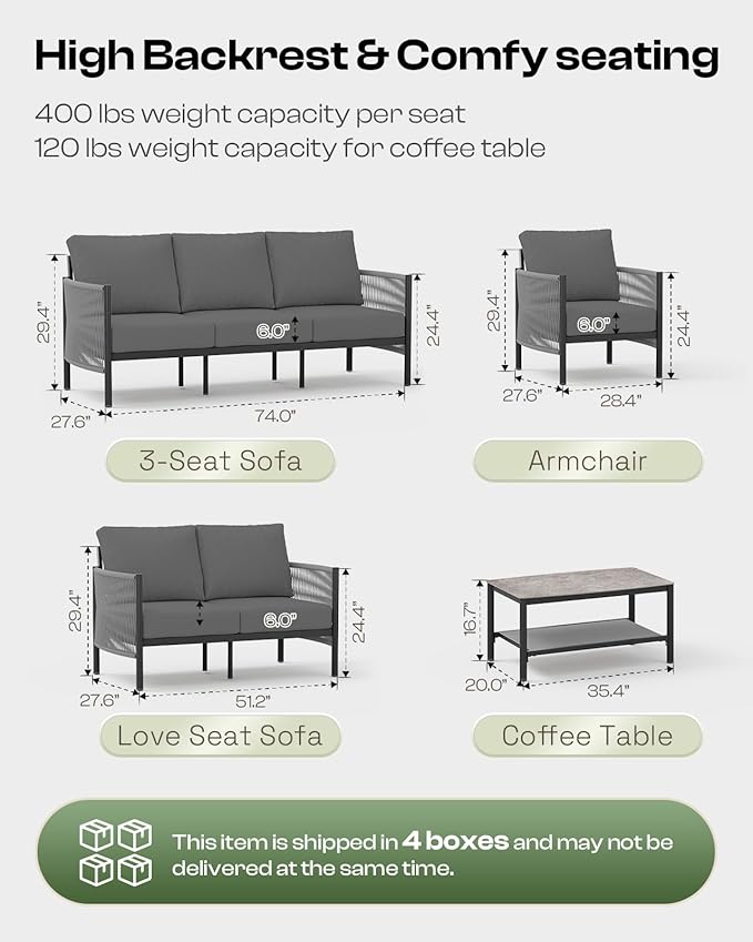 Aluminum Outdoor Patio Couch, 3 Seats HDPE Rope Patio Sofa - Image 2