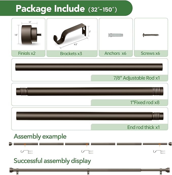 Curtain Rods for Windows 72 to 144, 1 Inch Adjustable Heavy Duty Long Window - Image 6