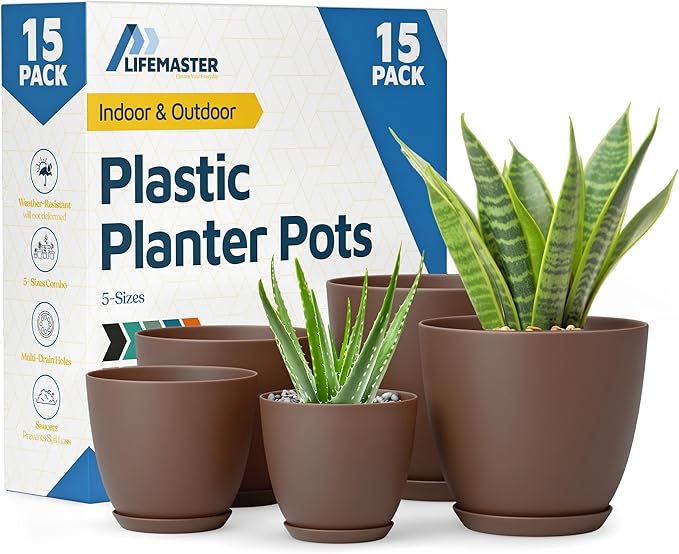 Brown Plant Pots with Drainage Holes & Saucers 15 Pack, Indoor & Outdoor by LIFEMASTER