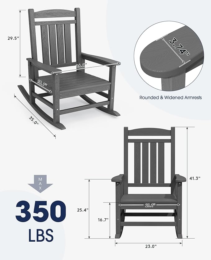 KINGYES HDPE Outdoor Rocking Chair, Widened Seat Patio Rocking Chair, Oversized - Image 3