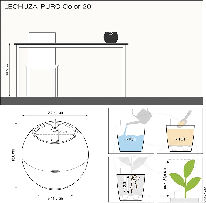 Lechuza Puro Color 20 White, Self-Watering Small Indoor Planter, D7.9 H6.3 in - Image 4