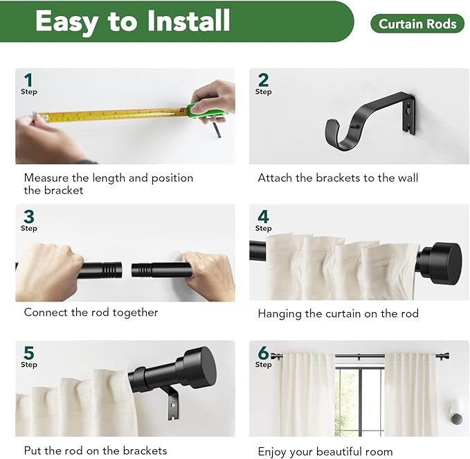 Time Forest Black Curtain Rods for Windows 28 to 48 Inch, 1 Inch Diameter - Image 8