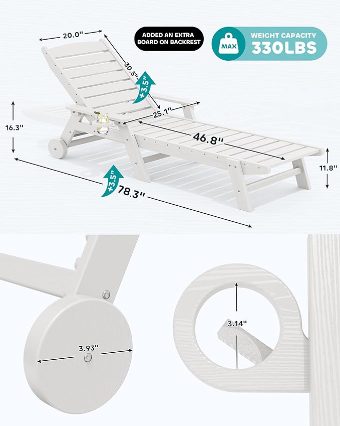 SERWALL Patio Chaise Lounge Chair, Poly Lounge Chair - Image 3