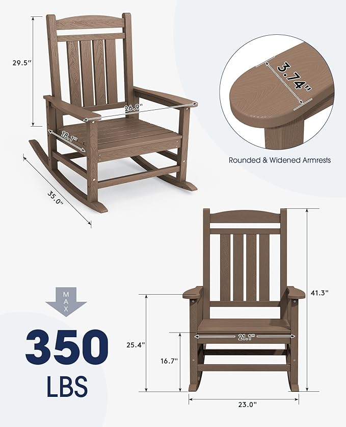 KINGYES HDPE Outdoor Rocking Chair, Widened Seat Patio Rocking Chair, Oversized - Image 3