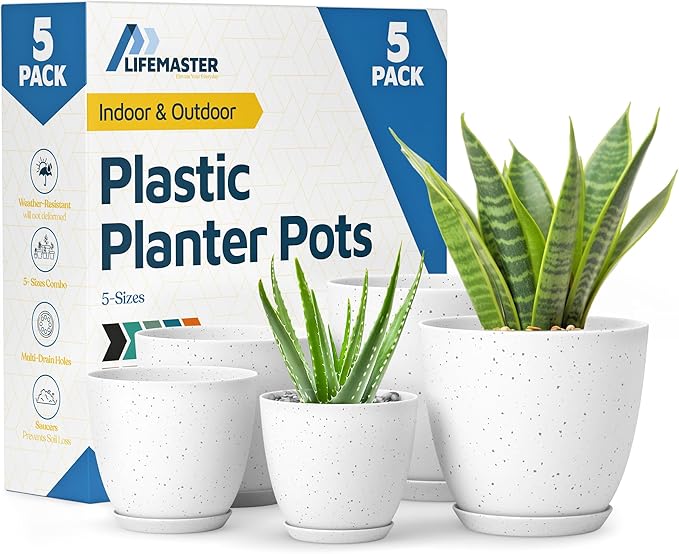 White Gray Plant Pots with Drainage Holes & Saucers 5 Pack, Indoor & Outdoor by LIFEMASTER