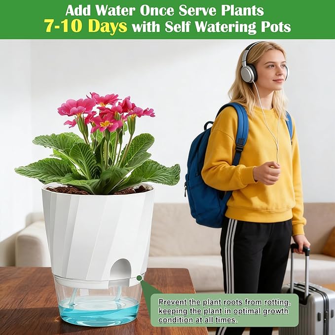 KIMCHOMERSE Self Watering Plant Pots, 6 Inch Plant Pots White, 6 Pack Flowers - Image 4