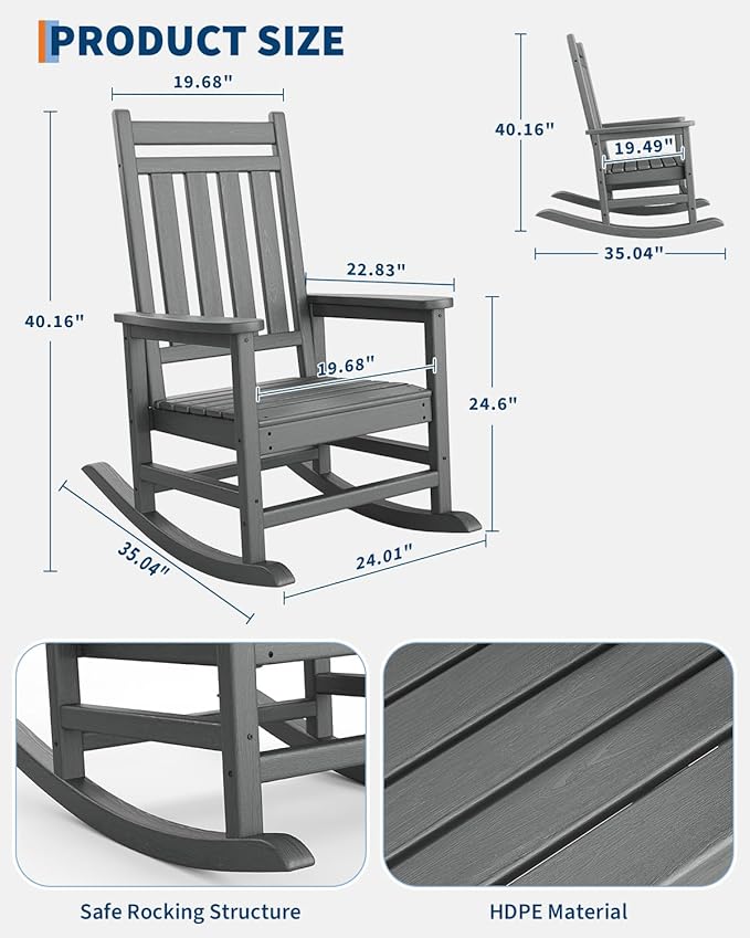 Poly Lumber Rocking Chair Outdoor Set of 6- HDPE High Back Porch Rocker Chairs - Image 2