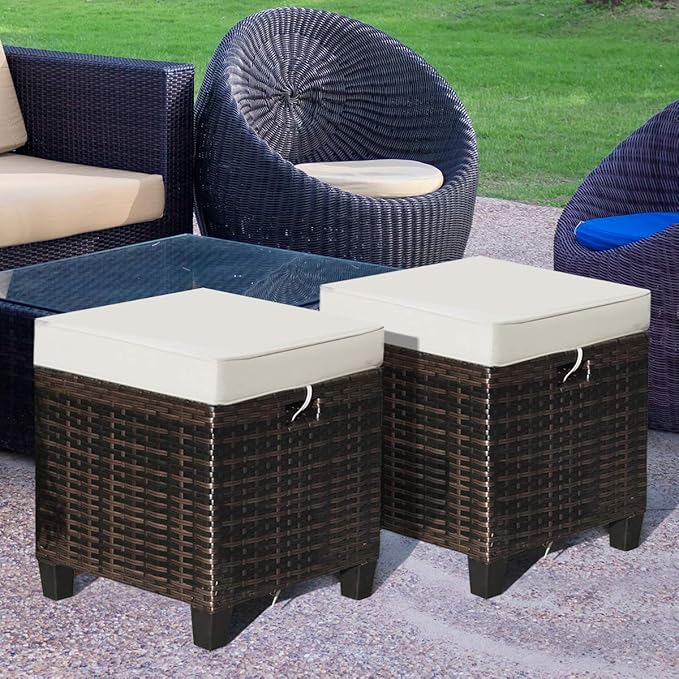 Tangkula 2 Pieces Outdoor Patio Ottoman, All Weather Rattan Wicker Ottoman Seat - Image 2