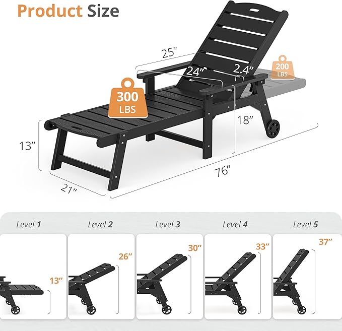 LUE BONA Outdoor Chaise Lounge Chairs Set of 4, HDPS Chaise Lounger, 5 - Image 2