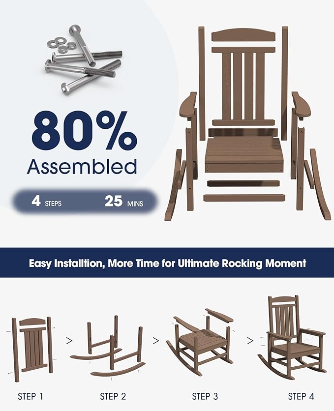 KINGYES HDPE Outdoor Rocking Chair Set of 4, Widened Seat Patio Rocking Chair - Image 8