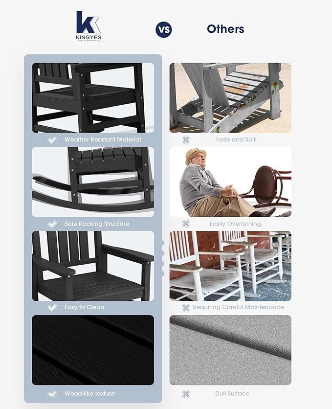 KINGYES HDPE Outdoor Rocking Chair Set of 4, Widened Seat Patio Rocking Chair - Image 6