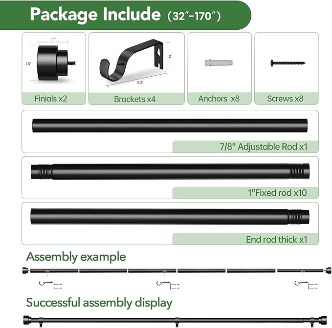 Time Forest Curtain Rods for Windows 32 to 170, 1 Inch Adjustable Black Heavy - Image 6