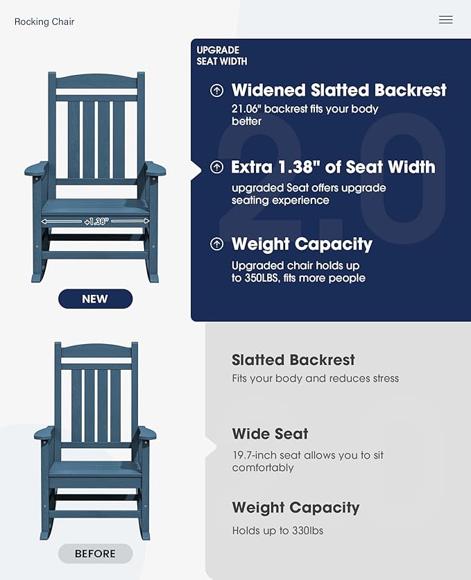 KINGYES HDPE Outdoor Rocking Chair, Widened Seat Patio Rocking Chair, Oversized - Image 4