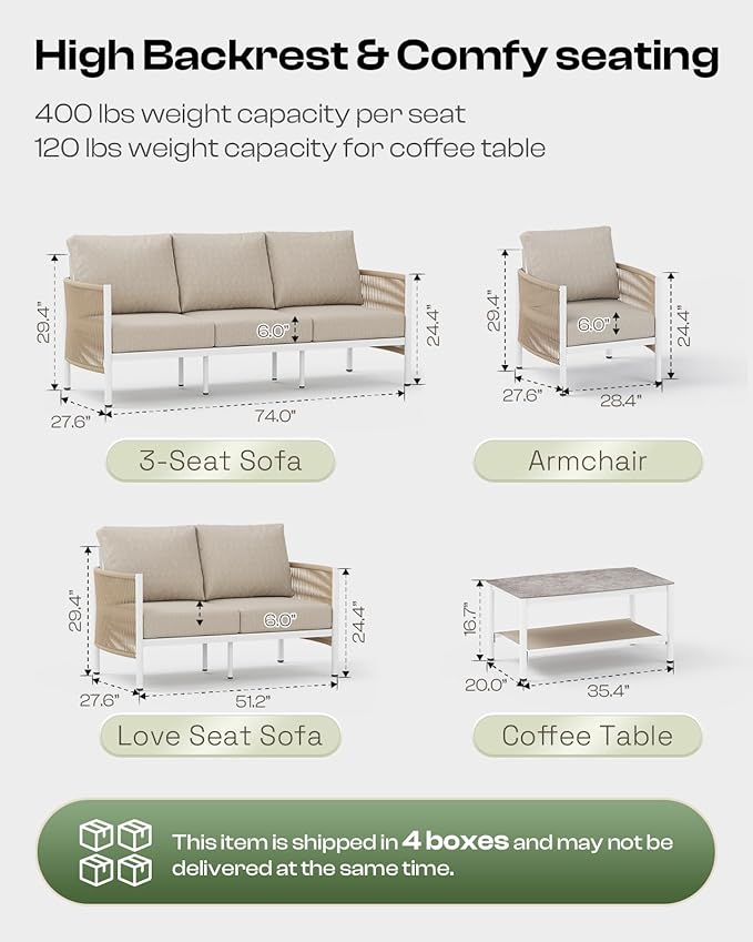 Aluminum Outdoor Patio Couch, 3 Seats HDPE Rope Patio Sofa - Image 2