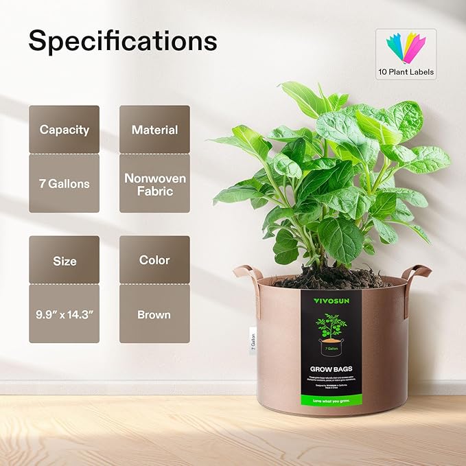 VIVOSUN 5-Pack 7 Gallons Grow Bags Heavy Duty Thickened Nonwoven Fabric Pots - Image 2